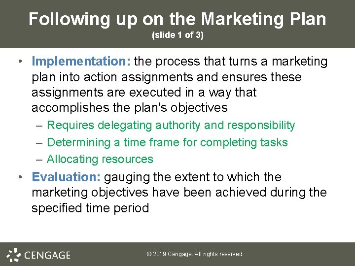 Following up on the Marketing Plan (slide 1 of 3) • Implementation: the process Following up on the Marketing Plan (slide 1 of 3) • Implementation: the process