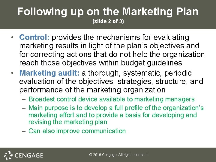 Following up on the Marketing Plan (slide 2 of 3) • Control: provides the Following up on the Marketing Plan (slide 2 of 3) • Control: provides the