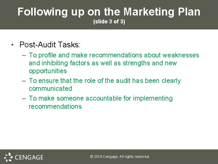 Following up on the Marketing Plan (slide 3 of 3) • Post-Audit Tasks: – Following up on the Marketing Plan (slide 3 of 3) • Post-Audit Tasks: –
