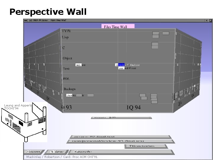 Perspective Wall Leung and Apperly TOCHI’ 94 Mackinlay / Robertson / Card: Proc ACM Perspective Wall Leung and Apperly TOCHI’ 94 Mackinlay / Robertson / Card: Proc ACM