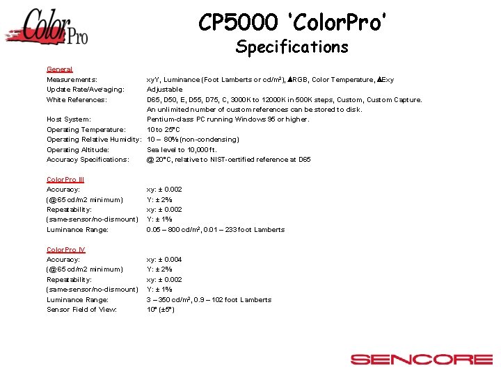 CP 5000 ‘Color. Pro’ Specifications General Measurements: Update Rate/Averaging: White References: xy. Y, Luminance