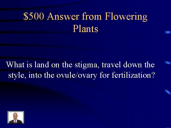 $500 Answer from Flowering Plants What is land on the stigma, travel down the $500 Answer from Flowering Plants What is land on the stigma, travel down the