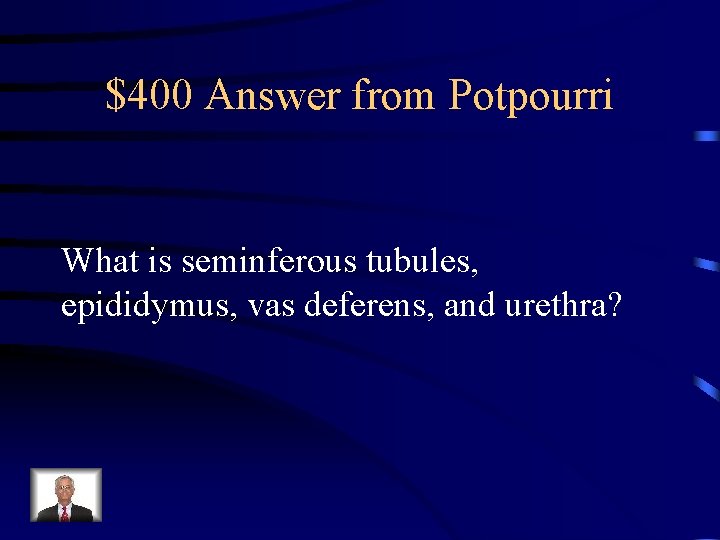 $400 Answer from Potpourri What is seminferous tubules, epididymus, vas deferens, and urethra? $400 Answer from Potpourri What is seminferous tubules, epididymus, vas deferens, and urethra?