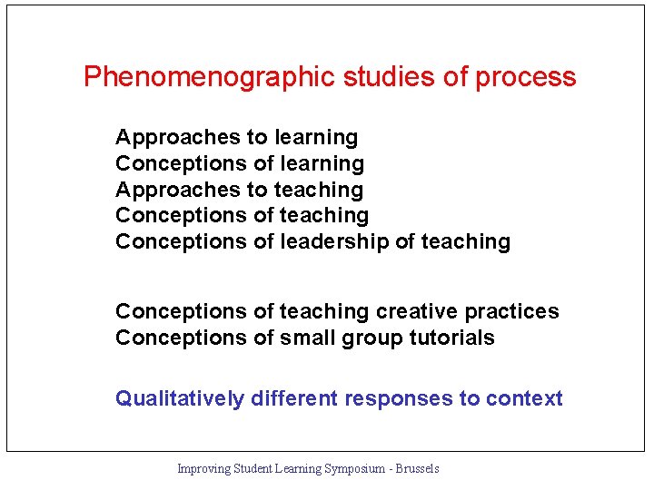 Phenomenographic studies of process Approaches to learning Conceptions of learning Approaches to teaching Conceptions