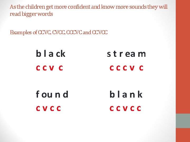 As the children get more confident and know more sounds they will read bigger As the children get more confident and know more sounds they will read bigger