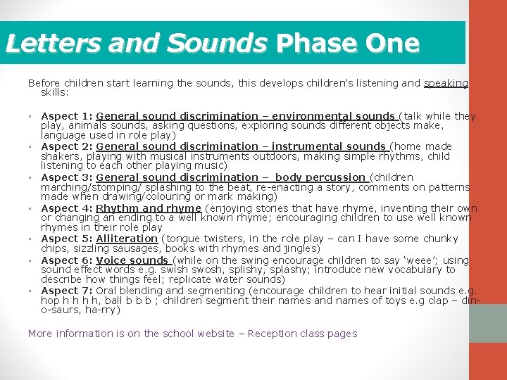 Letters and Sounds Phase One Before children start learning the sounds, this develops children’s Letters and Sounds Phase One Before children start learning the sounds, this develops children’s