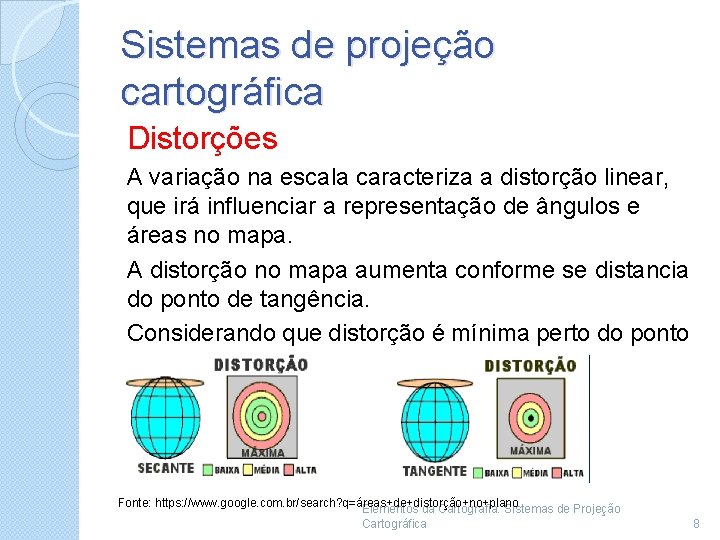 Sistemas de projeção cartográfica Distorções A variação na escala caracteriza a distorção linear, que