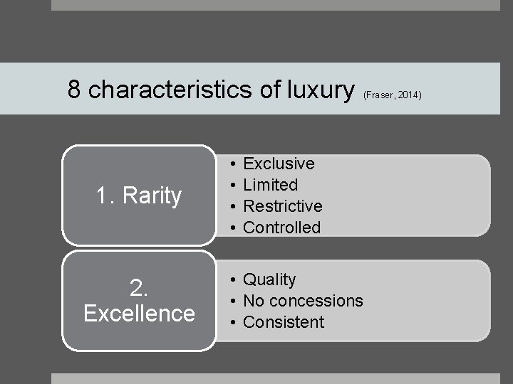 8 characteristics of luxury 1. Rarity 2. Excellence • • (Fraser, 2014) Exclusive Limited