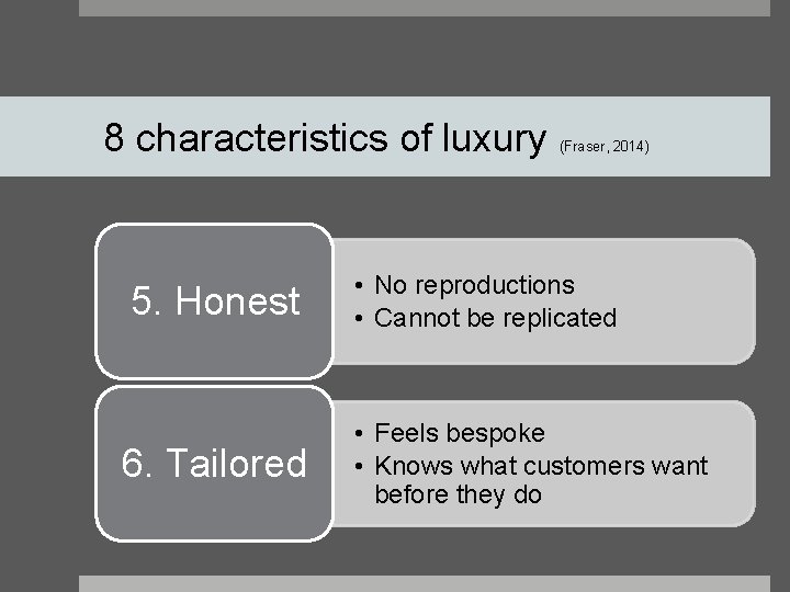 8 characteristics of luxury 5. Honest 6. Tailored (Fraser, 2014) • No reproductions •