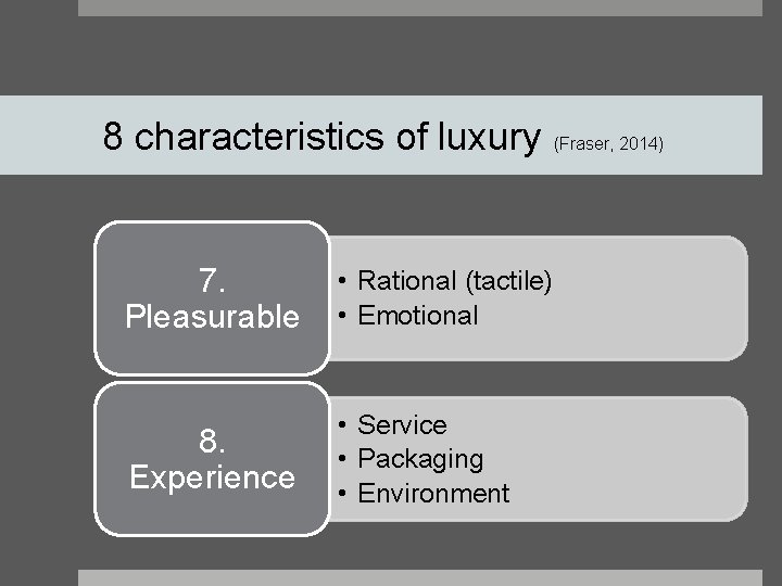 8 characteristics of luxury (Fraser, 2014) 7. Pleasurable • Rational (tactile) • Emotional 8.