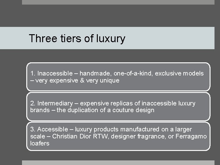 Three tiers of luxury 1. Inaccessible – handmade, one-of-a-kind, exclusive models – very expensive