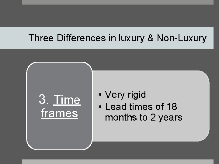 Three Differences in luxury & Non-Luxury 3. Time frames • Very rigid • Lead