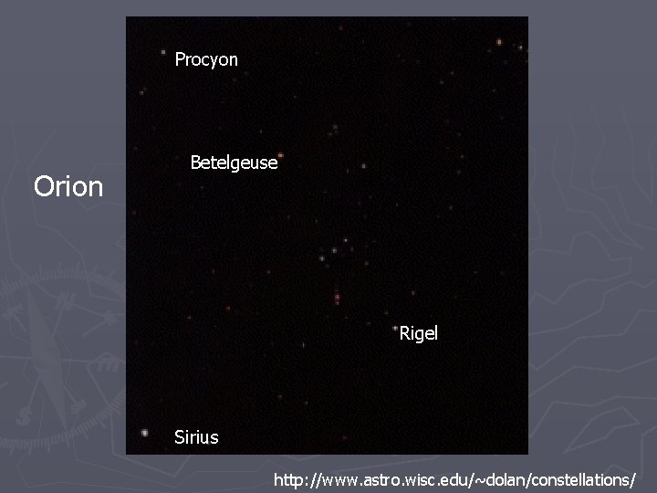 Procyon Orion Betelgeuse Rigel Sirius http: //www. astro. wisc. edu/~dolan/constellations/ 