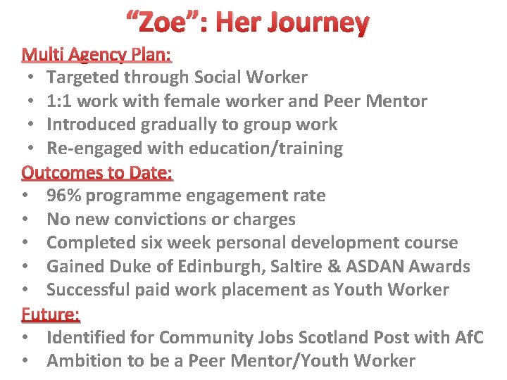 “Zoe”: Her Journey Multi Agency Plan: • Targeted through Social Worker • 1: 1