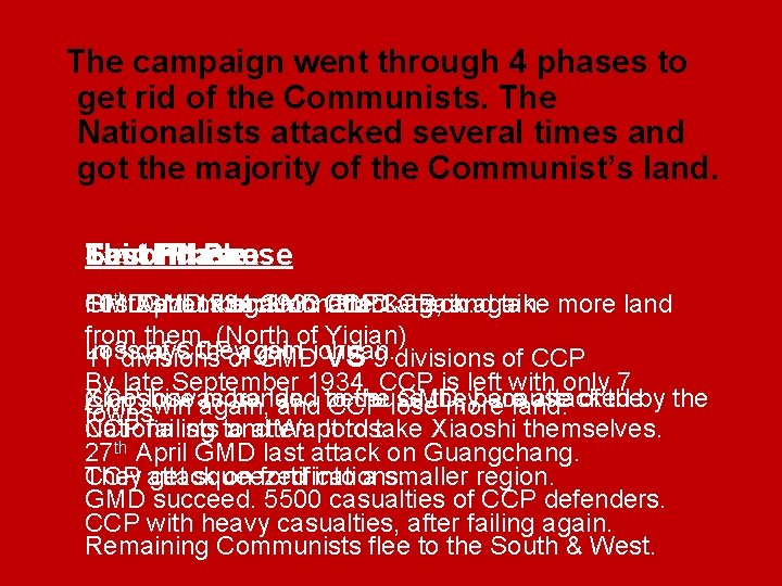  The campaign went through 4 phases to get rid of the Communists. The