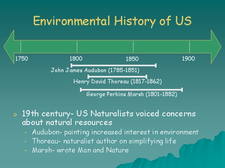 Environmental History of US 1750 1800 1850 1900 John James Audubon (1785 -1851) Henry