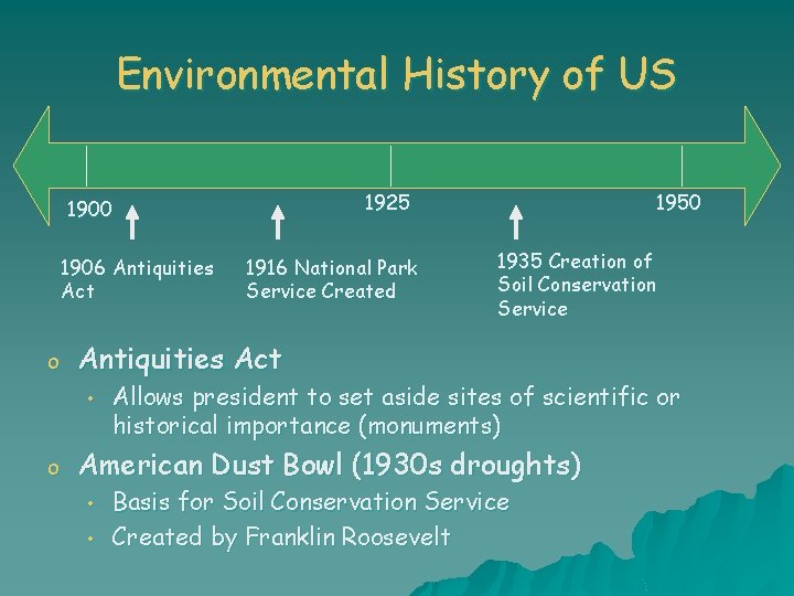 Environmental History of US 1925 1900 1906 Antiquities Act o 1935 Creation of Soil