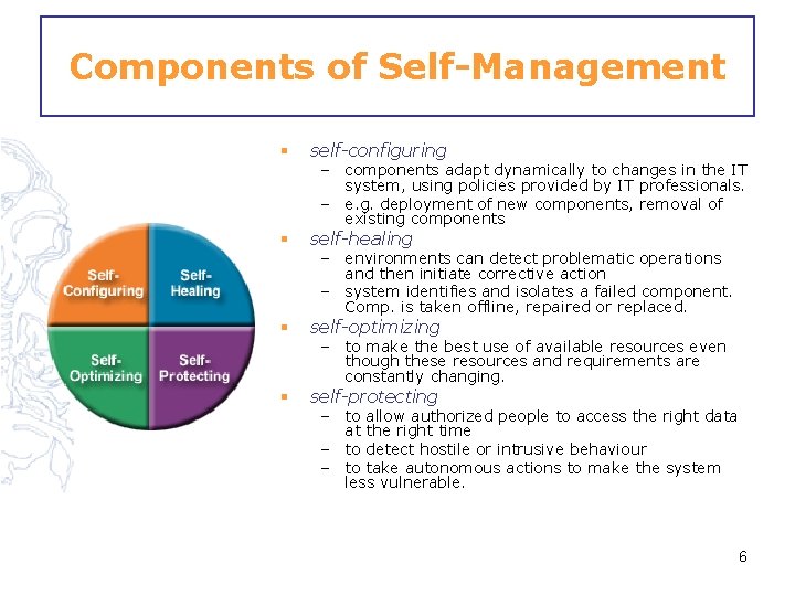 Components of Self-Management § self-configuring § self-healing § self-optimizing § self-protecting – components adapt