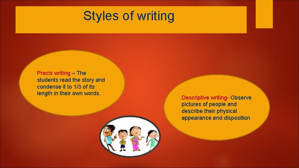 Styles of writing Precis writing – The students read the story and condense it