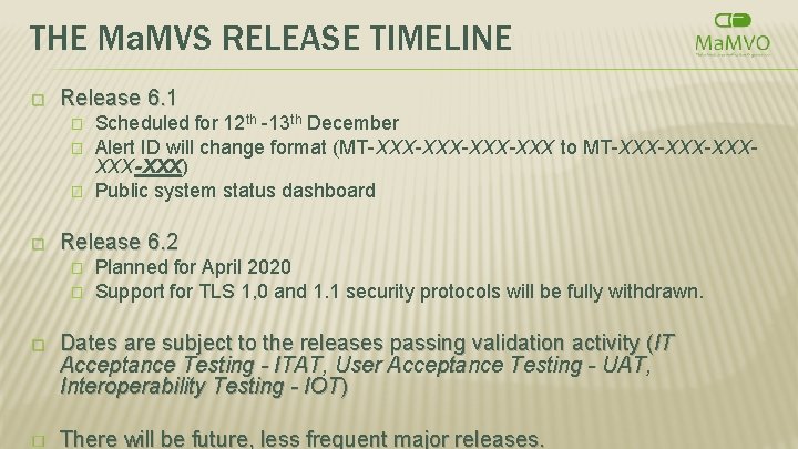 THE Ma. MVS RELEASE TIMELINE � Release 6. 1 � � Scheduled for 12