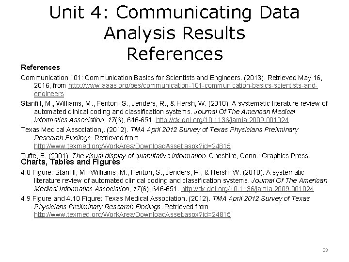 Unit 4: Communicating Data Analysis Results References Communication 101: Communication Basics for Scientists and