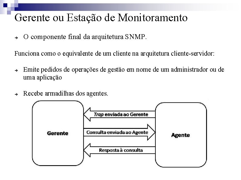 Gerente ou Estação de Monitoramento O componente final da arquitetura SNMP. Funciona como o