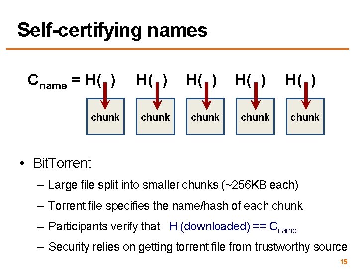 Self-certifying names Cname = H( ) chunk H( ) chunk • Bit. Torrent –