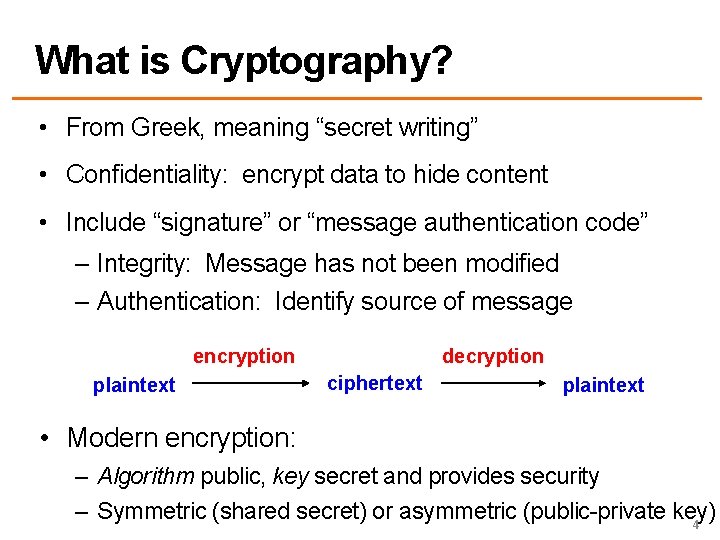 What is Cryptography? • From Greek, meaning “secret writing” • Confidentiality: encrypt data to