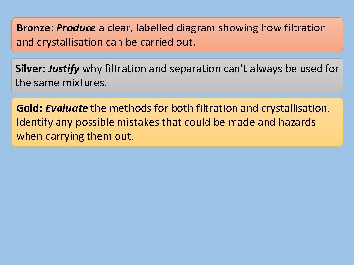 Bronze: Produce a clear, labelled diagram showing how filtration and crystallisation can be carried
