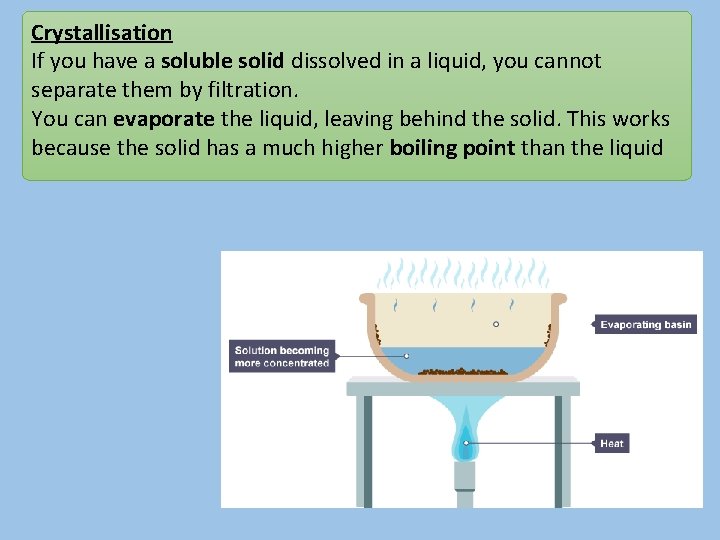 Crystallisation If you have a soluble solid dissolved in a liquid, you cannot separate