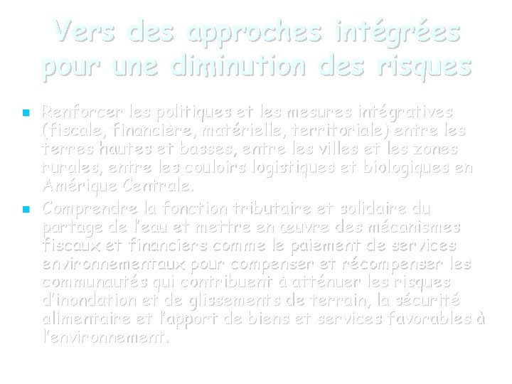 Vers des approches intégrées pour une diminution des risques Renforcer les politiques et les