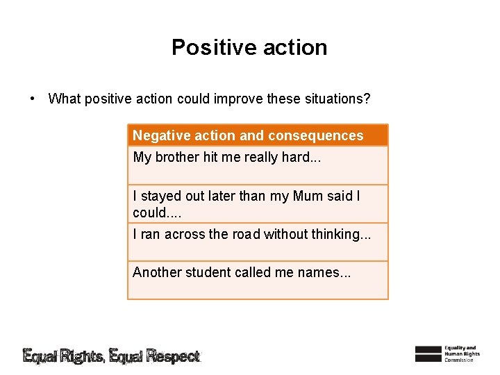 Positive action • What positive action could improve these situations? Negative action and consequences