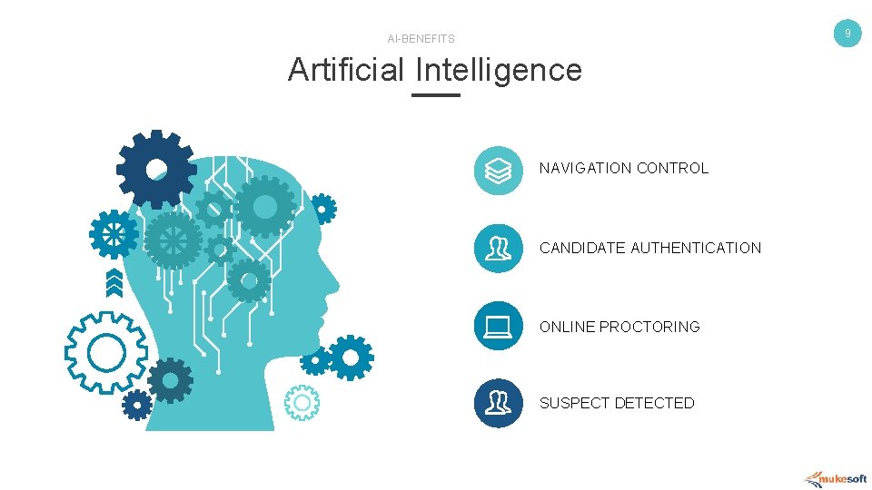 9 AI-BENEFITS Artificial Intelligence NAVIGATION CONTROL CANDIDATE AUTHENTICATION ONLINE PROCTORING SUSPECT DETECTED 