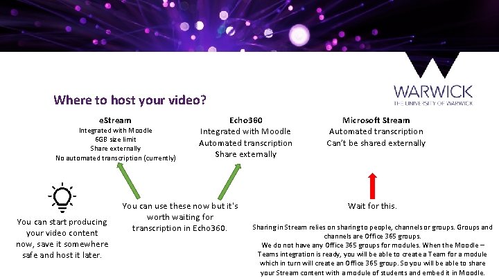 Where to host your video? e. Stream Integrated with Moodle 6 GB size limit