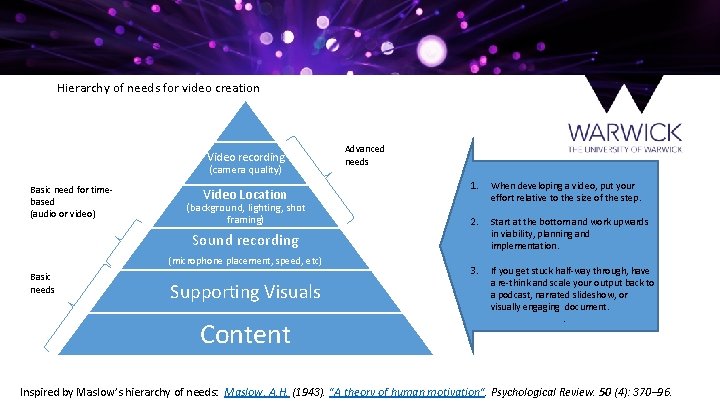 Hierarchy of needs for video creation Video recording (camera quality) Basic need for timebased