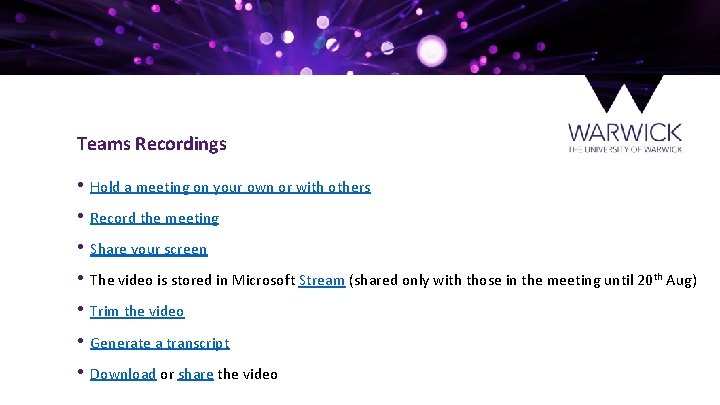 Teams Recordings • Hold a meeting on your own or with others • Record