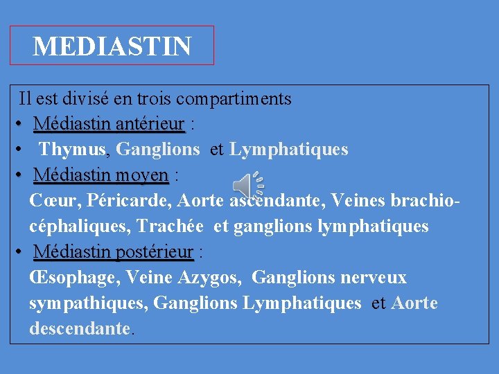 MEDIASTIN Il est divisé en trois compartiments • Médiastin antérieur : antérieur • Thymus,