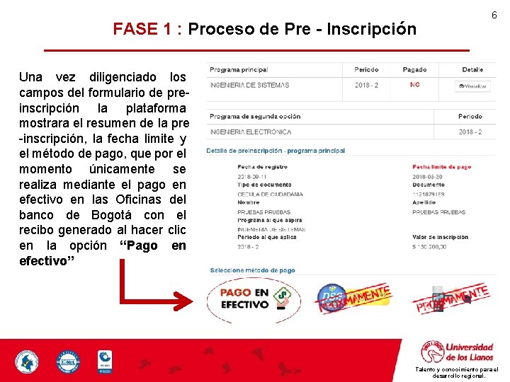 FASE 1 : Proceso de Pre - Inscripción 6 Una vez diligenciado los campos