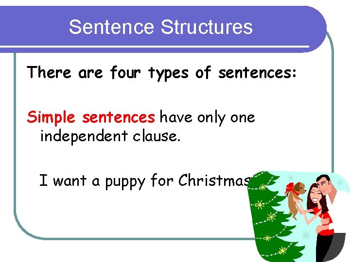 Sentence Structures There are four types of sentences: Simple sentences have only one independent