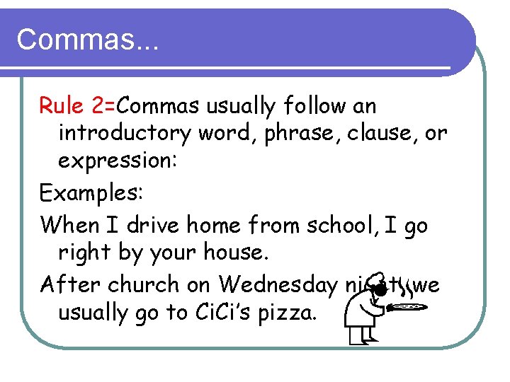 Commas. . . Rule 2=Commas usually follow an introductory word, phrase, clause, or expression: