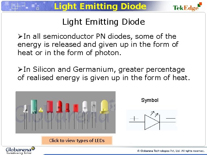 Light Emitting Diode ØIn all semiconductor PN diodes, some of the energy is released