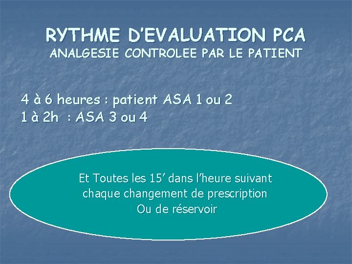 RYTHME D’EVALUATION PCA ANALGESIE CONTROLEE PAR LE PATIENT 4 à 6 heures : patient