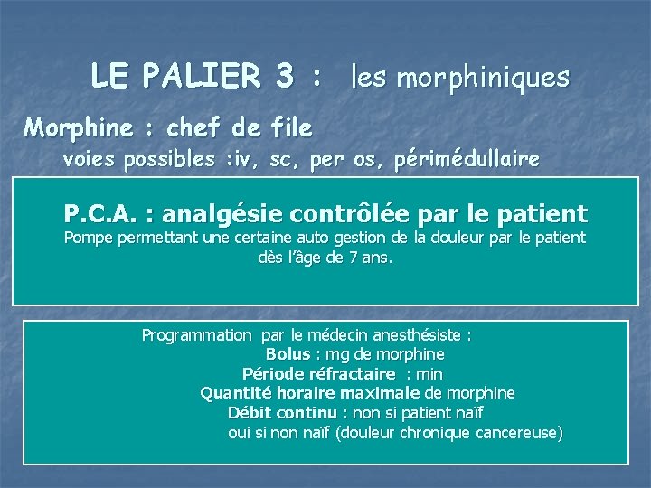  LE PALIER 3 : les morphiniques Morphine : chef de file voies possibles