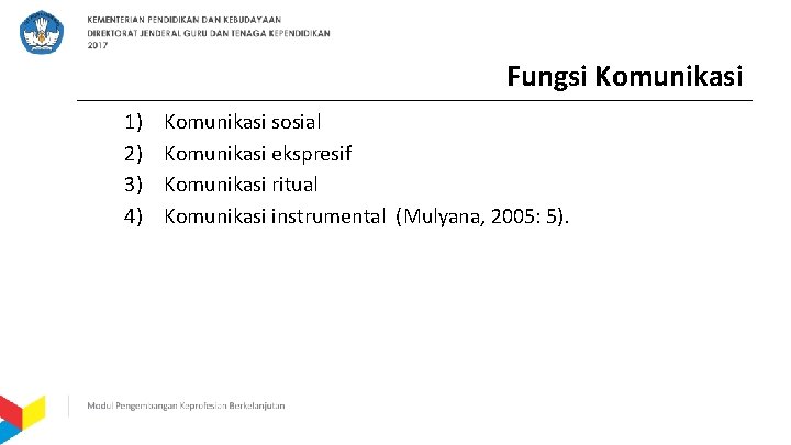 Fungsi Komunikasi 1) 2) 3) 4) Komunikasi sosial Komunikasi ekspresif Komunikasi ritual Komunikasi instrumental