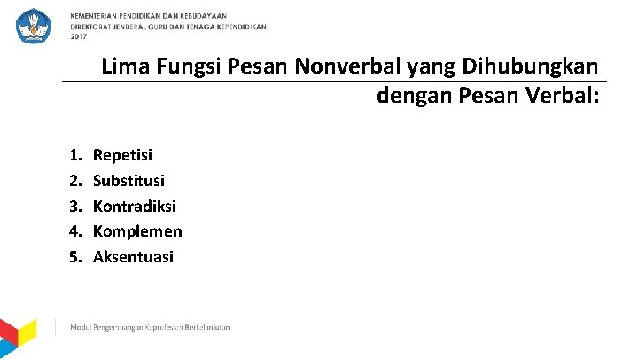 Lima Fungsi Pesan Nonverbal yang Dihubungkan dengan Pesan Verbal: 1. 2. 3. 4. 5.