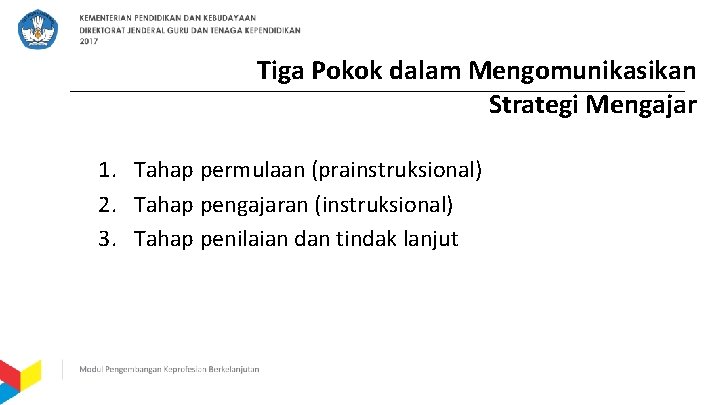 Tiga Pokok dalam Mengomunikasikan Strategi Mengajar 1. Tahap permulaan (prainstruksional) 2. Tahap pengajaran (instruksional)