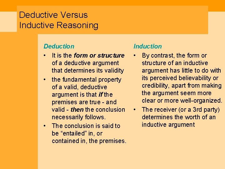 Deductive Versus Inductive Reasoning Deduction • It is the form or structure of a