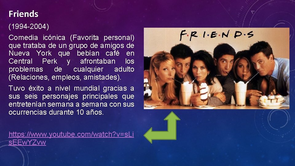 Friends (1994 -2004) Comedia icónica (Favorita personal) que trataba de un grupo de amigos Friends (1994 -2004) Comedia icónica (Favorita personal) que trataba de un grupo de amigos