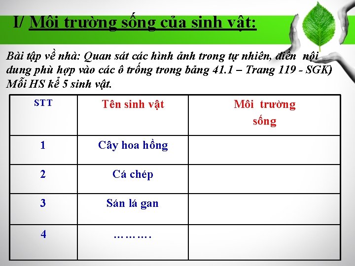 I/ Môi trường sống của sinh vật: Bài tập về nhà: Quan sát các