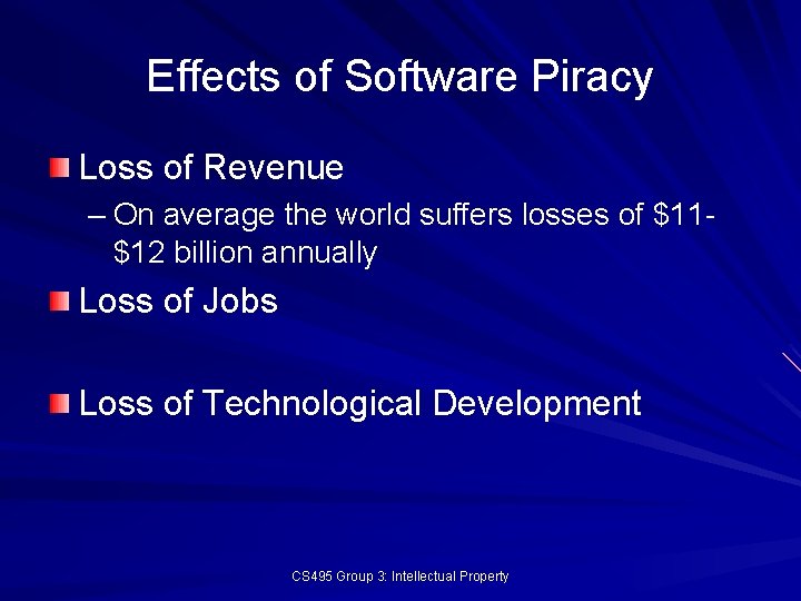 Effects of Software Piracy Loss of Revenue – On average the world suffers losses